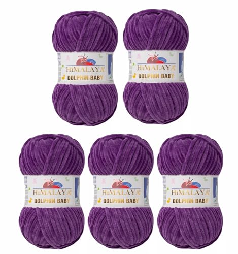 5 x Himalaya Dolphin Baby Wolle Garn Baumwolle Strickwolle zum Stricken häkeln super Bulky Chenille Garn Wolle Strickgarn 100g 120m Polyester Elomnia (5x-A1-80340 Lila) von Elomnia