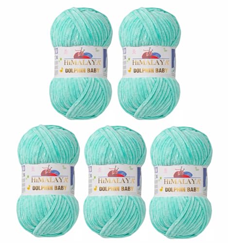 5 x Himalaya Dolphin Baby Wolle Garn Baumwolle Strickwolle zum Stricken häkeln super Bulky Chenille Garn Wolle Strickgarn 100g 120m Polyester Elomnia (5x-A1-80345 Babygrün) von Elomnia