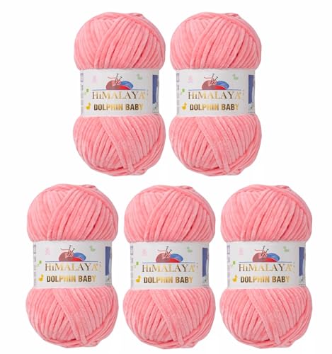 5 x Himalaya Dolphin Baby Wolle Garn Baumwolle Strickwolle zum Stricken häkeln super Bulky Chenille Garn Wolle Strickgarn 100g 120m Polyester Elomnia (5x-A1-80346 Babyrosa) von Elomnia