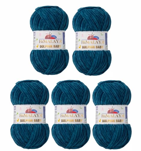 5 x Himalaya Dolphin Baby Wolle Garn Baumwolle Strickwolle zum Stricken häkeln super Bulky Chenille Garn Wolle Strickgarn 100g 120m Polyester Elomnia (5x-A1-80348 Dunkeltürkis) von Elomnia