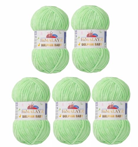 5 x Himalaya Dolphin Baby Wolle Garn Baumwolle Strickwolle zum Stricken häkeln super Bulky Chenille Garn Wolle Strickgarn 100g 120m Polyester Elomnia (5x-A1-80350 Hellgrün) von Elomnia