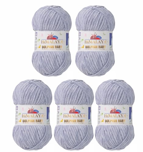 5 x Himalaya Dolphin Baby Wolle Garn Baumwolle Strickwolle zum Stricken häkeln super Bulky Chenille Garn Wolle Strickgarn 100g 120m Polyester Elomnia (5x-A1-80351 Hellgrau) von Elomnia