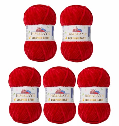 5 x Himalaya Dolphin Baby Wolle Garn Baumwolle Strickwolle zum Stricken häkeln super Bulky Chenille Garn Wolle Strickgarn 100g 120m Polyester Elomnia (5x-A1-80352 Dunkelrot) von Elomnia