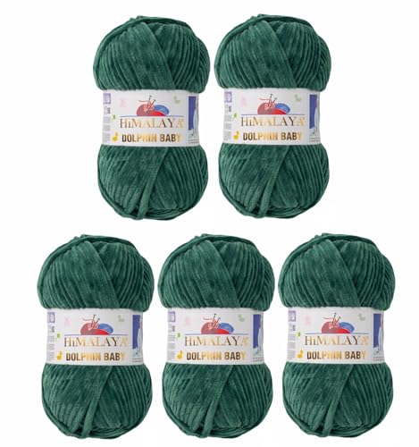 5 x Himalaya Dolphin Baby Wolle Garn Baumwolle Strickwolle zum Stricken häkeln super Bulky Chenille Garn Wolle Strickgarn 100g 120m Polyester Elomnia (5x-A1-80360 Grün) von Elomnia