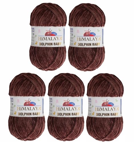 5 x Himalaya Dolphin Baby Wolle Garn Baumwolle Strickwolle zum Stricken häkeln super Bulky Chenille Garn Wolle Strickgarn 100g 120m Polyester Elomnia (5x-A1-80366 Bärbraun) von Elomnia