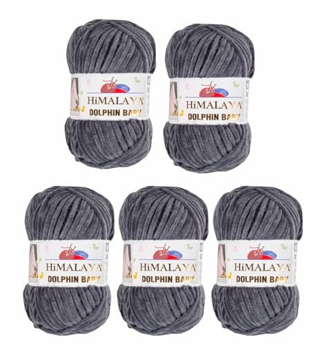 5 x Himalaya Dolphin Baby Wolle Garn Baumwolle Strickwolle zum Stricken häkeln super Bulky Chenille Garn Wolle Strickgarn 100g 120m Polyester Elomnia (5x-A1-80367 Anthrazit) von Elomnia