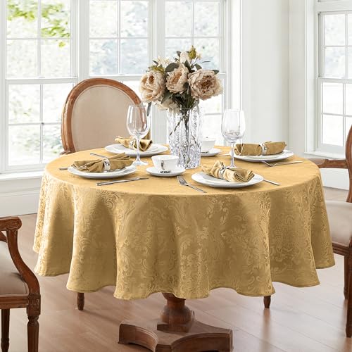 Elrene Caiden Elegance Damast Tischdecke, Polyester, Gold, 70" Round von Elrene