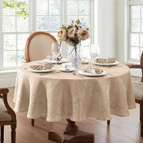 Elrene Caiden Elegance Damast-Tischdecke, Polyester, Taupe, 90" Round von Elrene