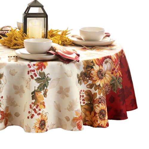 Elrene Swaying Leaves Bordered Tischdecke aus Stoff für Herbst/Thanksgiving/Ernte, Polyester, Mehrfarbig, 70" (Round) von Elrene