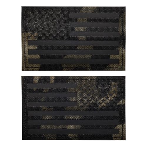 2 Stück EmWoot Amerikanische Flagge, IR-Infrarot, reflektierender Aufnäher, lasergeschnitten, reguläre und umgekehrte Haken und Schlaufe (7,6 x 5,1 cm, Schwarz Camo) von EmWoot
