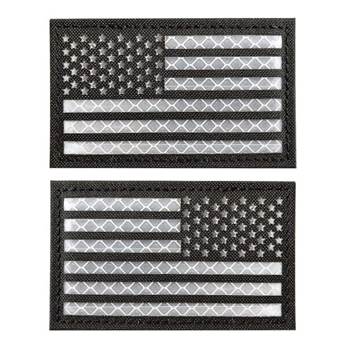 2 Stück EmWoot Amerikanische Flagge, IR-Infrarot, reflektierender Aufnäher, lasergeschnitten, regulärer und umgekehrter Haken und Schlaufe (7,6 x 5,1 cm, Schwarzweiß) von EmWoot