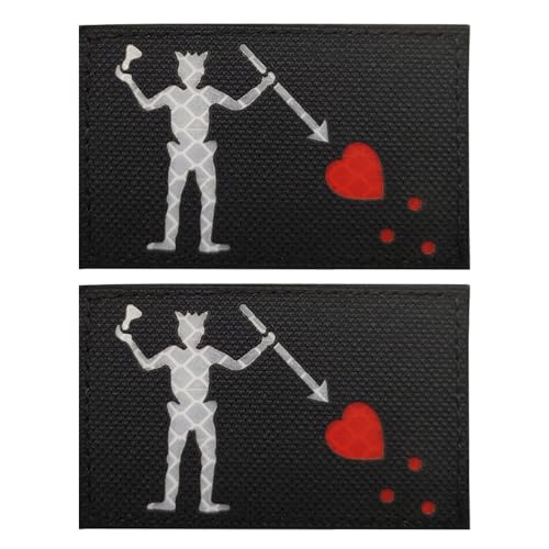 EmWoot Edward Teach Patches Blackbeard Flagge, Piratenflagge, IR-Infrarot, reflektierend, lasergeschnitten, Haken und Schlaufe (7,6 x 5,1 cm, schwarz), 2 Stück von EmWoot