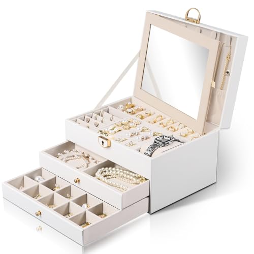 Emazerom 3-lagige Schmuckschatullen für Damen mit Spiegel, große Schmuck-Organizer-Box mit 2 Schmuck-Organizer-Schubladen, PU, abschließbar, elegant, einzigartiges Geschenk für Mutter, Ehefrau, Weiß Emazerom 3-lagige Schmuckschatullen für Damen mit Spiegel, große Schmuck-Organizer-Box mit 2 Schmuck-Organizer-Schubladen, PU, abschließbar, elegant, einzigartiges Geschenk für Mutter, Ehefrau, Weiß von Emazerom