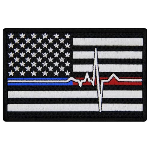 EmbTao Aufnäher, Motiv: US-amerikanische Flagge mit Herzfrequenz, rote und blaue Linie, bestickt, Biker-Abzeichen, Applikation, Haken- und Schlaufen-Emblem von EmbTao