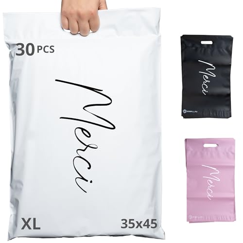 30 Versandtaschen Warensendung - 45x35cm - 100% UNDURCHSICHTIG/WIDERSTANDSFÄHIG/WASSERDICHT - Versandtüten für Kleidung - Umschlag für Kartons - Versandbeutel - Versandtasche - Danke - Weiß von EmballaX