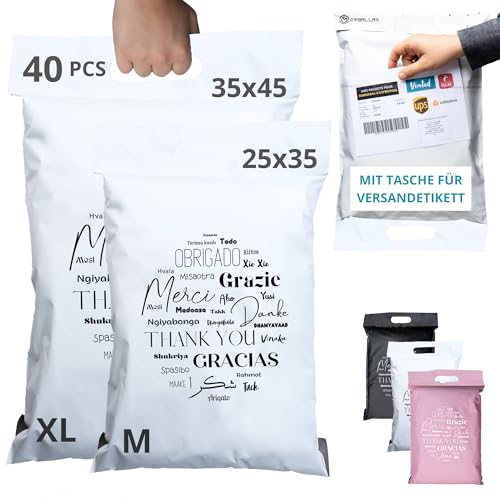 EMBALLAX - 40 Versandtaschen MIT TASCHE FÜR VERSANDETIKETT - 2 Größen M/XL - WIDERSTANDSFÄHIG/WASSERDICHT - Versandtüten für Kleidung - Warensendung Umschlag für Kartons - Versandbeutel - Danke EMBALLAX - 40 Versandtaschen MIT TASCHE FÜR VERSANDETIKETT - 2 Größen M/XL - WIDERSTANDSFÄHIG/WASSERDICHT - Versandtüten für Kleidung - Warensendung Umschlag für Kartons - Versandbeutel - Danke von EmballaX