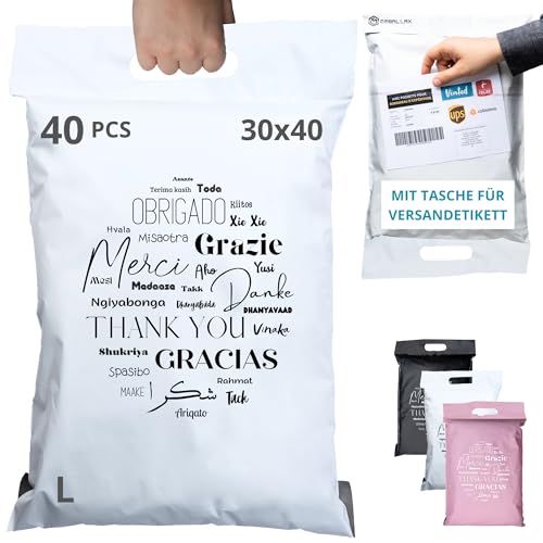 40 Versandtaschen MIT VERSANDSCHEIN - L 30x40cm - 100% UNDURCHSICHTIG/WIDERSTANDSFÄHIG - Versandtüten für Kleidung - Warensendung Umschlag für Kartons - Versandbeutel mit Griff - Versandtasche von EmballaX