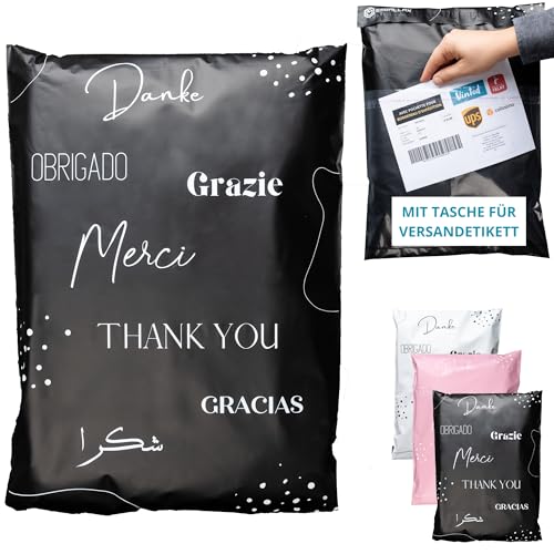 EMBALLAX - 50 Versandtaschen MIT TASCHE FÜR VERSANDETIKETT - L 40x30cm - WIDERSTANDSFÄHIG/WASSERDICHT - Versandtüten für Kleidung - Warensendung Umschlag für Kartons - Versandbeutel - Danke von EmballaX
