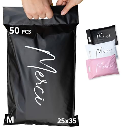 EMBALLAX - 50 Versandtaschen Warensendung - M 35x25cm - UNDURCHSICHTIG/WIDERSTANDSFÄHIG/WASSERDICHT - Versandtüten für Kleidung - Umschlag für Kartons - Versandbeutel - Versandtasche - Danke von EmballaX