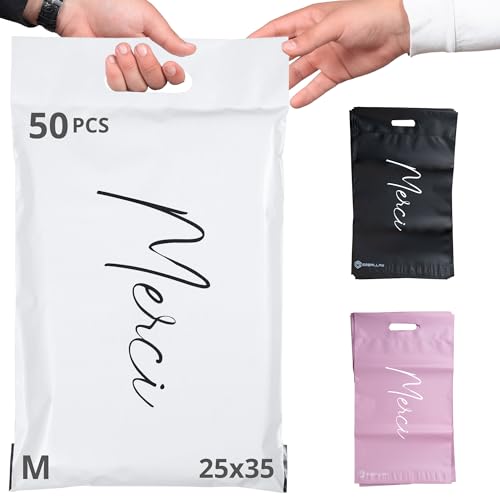 50 Versandtaschen Warensendung - 35x25cm - 100% UNDURCHSICHTIG/WIDERSTANDSFÄHIG/WASSERDICHT - Versandtüten für Kleidung - Umschlag für Kartons - Versandbeutel - Versandtasche - Danke - Weiß von EmballaX