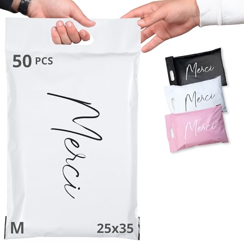 EMBALLAX - 50 Versandtaschen Warensendung - M 35x25cm - UNDURCHSICHTIG/WIDERSTANDSFÄHIG/WASSERDICHT - Versandtüten für Kleidung - Umschlag für Kartons - Versandbeutel - Versandtasche - Danke von EmballaX
