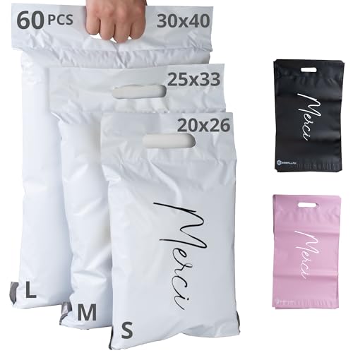 60 Versandtaschen Warensendung - 3 Größen S/M/L - 100% UNDURCHSICHTIG/WIDERSTANDSFÄHIG/WASSERDICHT - Versandtüten für Kleidung - Umschlag für Kartons - Versandbeutel - Versandtasche - Danke - Weiß von EmballaX