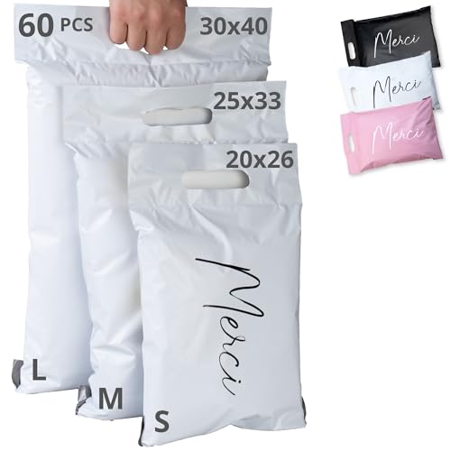 EMBALLAX - 60 Versandtaschen Warensendung - 3 Größen S/M/L - UNDURCHSICHTIG/WIDERSTANDSFÄHIG/WASSERDICHT - Versandtüten für Kleidung - Umschlag für Kartons - Versandbeutel - Versandtasche - Danke von EmballaX