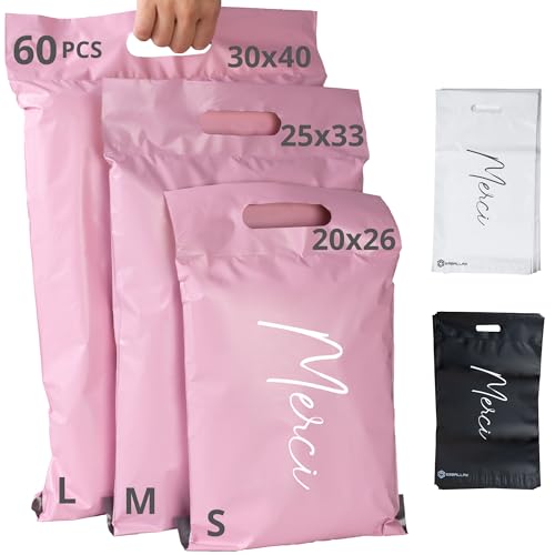 60 Versandtaschen Warensendung - 3 Größen S/M/L - 100% UNDURCHSICHTIG/WIDERSTANDSFÄHIG/WASSERDICHT - Versandtüten für Kleidung - Umschlag für Kartons - Versandbeutel - Versandtasche - Danke - Rosa von EmballaX