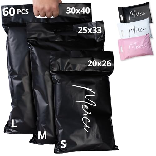 EMBALLAX - 60 Versandtaschen Warensendung - 3 Größen S/M/L - UNDURCHSICHTIG/WIDERSTANDSFÄHIG/WASSERDICHT - Versandtüten für Kleidung - Umschlag für Kartons - Versandbeutel - Versandtasche - Danke von EmballaX
