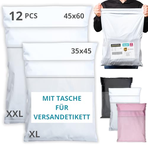 EMBALLAX - 12 Versandtaschen MIT TASCHE FÜR VERSANDETIKETT - 2 Größen XL/XXL - WIDERSTANDSFÄHIG/WASSERDICHT - Versandtüten für Kleidung - Warensendung Umschlag für Kartons - Versandbeutel A4 von EmballaX