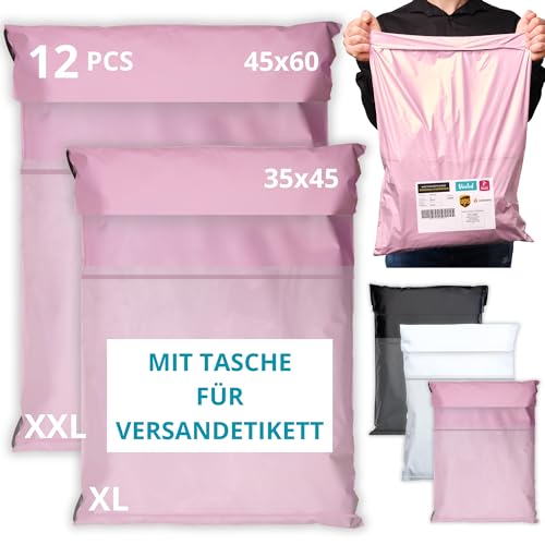 EMBALLAX - 12 Versandtaschen MIT TASCHE FÜR VERSANDETIKETT - 2 Größen XL/XXL - WIDERSTANDSFÄHIG/WASSERDICHT - Versandtüten für Kleidung - Warensendung Umschlag für Kartons - Versandbeutel A4 von EmballaX