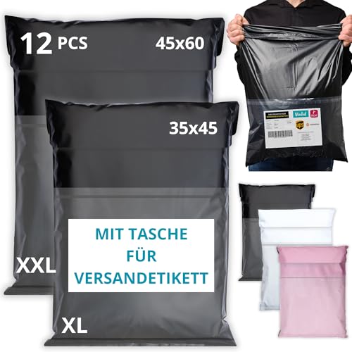 EMBALLAX - 12 Versandtaschen MIT TASCHE FÜR VERSANDETIKETT - 2 Größen XL/XXL - WIDERSTANDSFÄHIG/WASSERDICHT - Versandtüten für Kleidung - Warensendung Umschlag für Kartons - Versandbeutel A4 von EmballaX