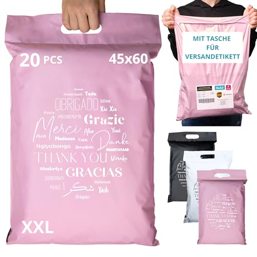 EMBALLAX - 20 Versandtaschen MIT TASCHE FÜR VERSANDETIKETT - XXL 60x45cm - WIDERSTANDSFÄHIG/WASSERDICHT - Versandtüten für Kleidung - Warensendung Umschlag für Kartons - Versandbeutel - Danke von EmballaX