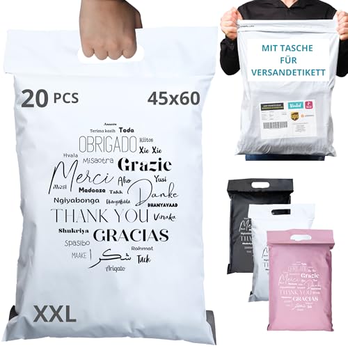 EMBALLAX - 20 Versandtaschen MIT TASCHE FÜR VERSANDETIKETT - XXL 60x45cm - WIDERSTANDSFÄHIG/WASSERDICHT - Versandtüten für Kleidung - Warensendung Umschlag für Kartons - Versandbeutel - Danke von EmballaX