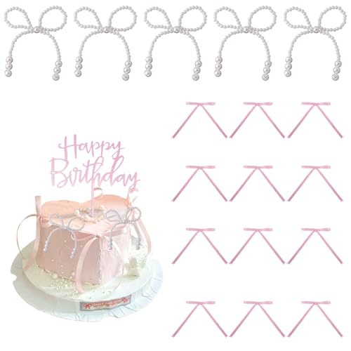 18 Stück Schleifen-Kuchendekorationen, rosa Schleife, Kuchendekoration, Perlenschleifen für Kuchenbänder, Schleife mit 1 Happy Birthday-Kuchenaufsatz, rosa Kuchendekorationen für Geburtstag, Hochzeit von Embhlitfe