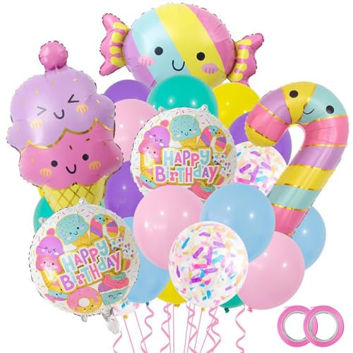 23 Stück Happy Birthday Luftballons,Eiscreme Geburtstagsparty Luftballons,Happy Birthday Party Aluminiumfolienballons,Bunte Latexballons für Kinder Erwachsene Geburtstagsparty Dekorations von Embhlitfe