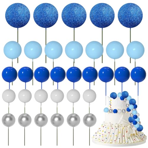 50 Stück Kugel-Kuchenaufsätze, Kuchendekoration, rosa und goldene Kugeln zur Kuchendekoration, Regenbogenball für Kuchen, Mini-Ballon-Kuchenaufsatz für Geburtstagskuchenaufsätze (blau) von Embhlitfe
