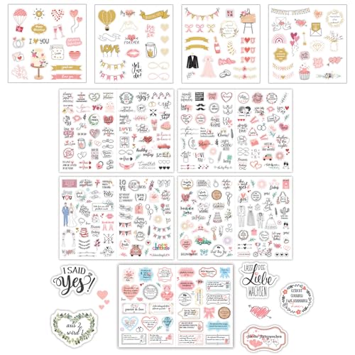 Embhlitfe 340 Stück Sticker Hochzeit Gästebuch & Fotoalbum-Pink Hochzeitssticker mit Vintage Herzen, Eukalyptus Grün und Liebesmotiven-Scrapbooking, Bullet Journal & Hochzeitsalbum Aufkleber (Rosa) von Embhlitfe