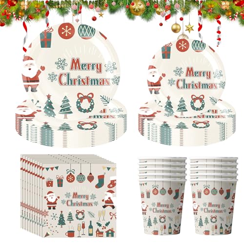 Embhlitfe 50-teiliges Weihnachts-Partygeschirr-Set für 10 Gäste, Pappteller, Servietten, Becher, Weihnachtsteller, Weihnachtsfeier, Geschirr, Dekorationen für Weihnachtspartys (weiß) von Embhlitfe