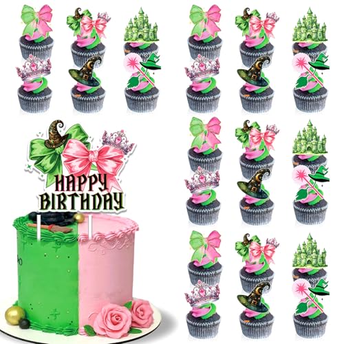 Embhlitfe Kuchenaufsatz-Set mit Hexen-Motiv, für Geburtstagsparty, inklusive 1 große Happy Birthday-Tassenaufsätze und 24 Cupcake-Topper (niedlicher Stil) von Embhlitfe