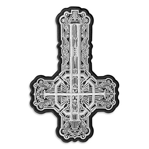 Schwarz und weiß Ghost Band Kruzifix Kreuz Aufnäher Patch - gestickt Papa Emeritus Applikation Pflaster für Biker zum Aufbügel und annähen - Größe: 25,4 x 38,5 cm von Embrosoft