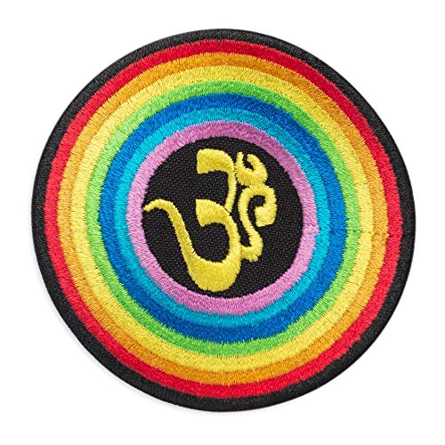 The Symbol Om in The Rainbow Yoga Emblem Bestickter Aufnäher zum Aufbügeln (7,4 x 7,4 cm) von Embrosoft