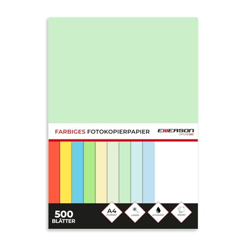 Emerson farbiges Druckerpapier Kopierepapier A4 grün 500 Blatt | 80 g/m2 210 x 297 mm | Drucker: Laser, Inkjet, Fotokopierer, Fax | Vielseitiges Papier zum Fotokopieren, Basteln von Emerson