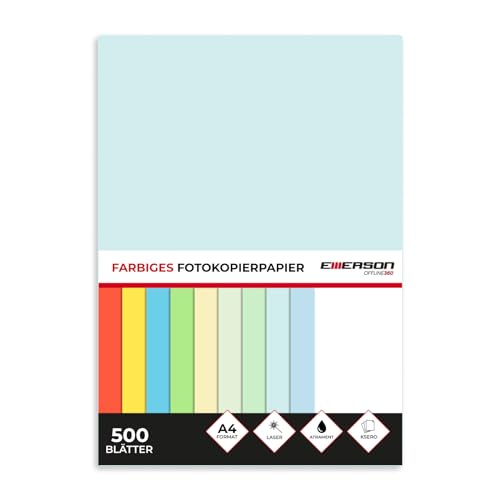 Emerson farbiges Druckerpapier Kopierepapier A4 hellblau 500 Blatt | 80 g/m2 210 x 297 mm | Drucker: Laser, Inkjet, Fotokopie, Fax | Vielseitiges Papier zum Kopieren, Basteln von Emerson
