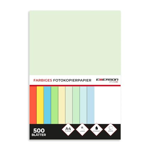 Emerson farbiges Druckerpapier Kopierepapier A4 hellgrün 500 Blatt | 80 g/m2 210 x 297 mm | Drucker: Laser, Inkjet, Fotokopierer, Fax | Vielseitiges Papier zum Fotokopieren, Basteln von Emerson