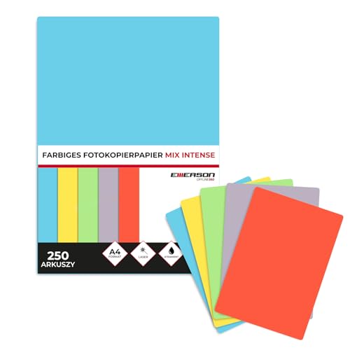 Emerson farbiges Druckerpapier Kopierepapier Intensiv Farbig Mix A4 5x50 Blatt | 80 g/m2 210 x 297 mm250 Blatt | Drucker: Laser, Inkjet, Fotokopierer, Fax, Basteln von Emerson