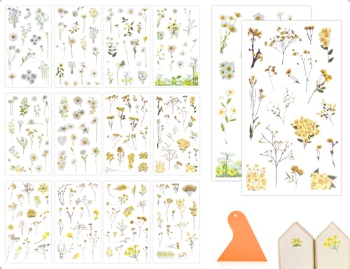 Emezddo 12 Blatt Rub On Sticker,Selbstklebend Transferaufkleber,Frühling Blätter Pflanzen Aufkleber,Blumen Deko,verwendet für Album Scrapbook DIY Basteln Glas Möbel Keramik(Gelb) von Emezddo