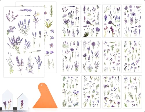Emezddo 12 Blatt Rub On Sticker,Selbstklebend Transferaufkleber,Frühling Blätter Pflanzen Aufkleber,Blumen Deko,verwendet für Scrapbook DIY Basteln Glas Holz Möbel Keramik(Lila) von Emezddo