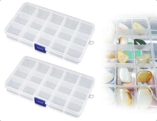 Emezddo 2 Stück Plastik Sortierbox,Transparent Klein Sortimentskasten,Schmuck Organizer Aufbewahrungsbox mit 15 Verstellbare Fächern und Deckel,verwendet für Aufbewahrung Schrauben,Perlen,Ohrringen von Emezddo