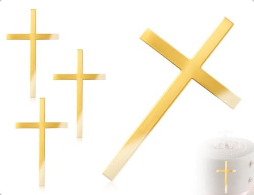 Emezddo 3 Stück Kreuz Tortendeko,Acryl Spiegel Kuchendeko,verwendet für Familie Hochzeit Geburtstag Party Kommunion Jubiläen Wohltätigkeitsveranstaltungen(Gold) von Emezddo